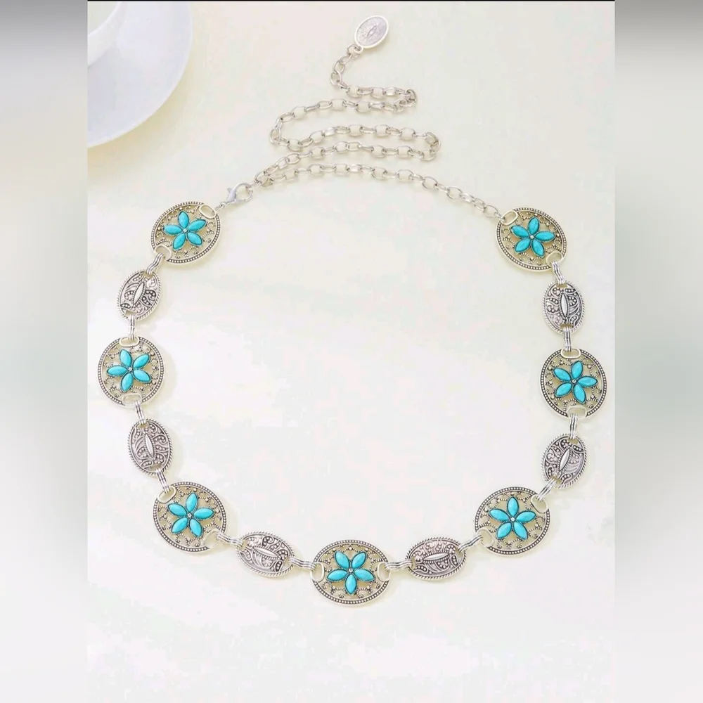 Turquoise Silver Color Vintage Carved‎ Flower Style, Waist Chain Belt